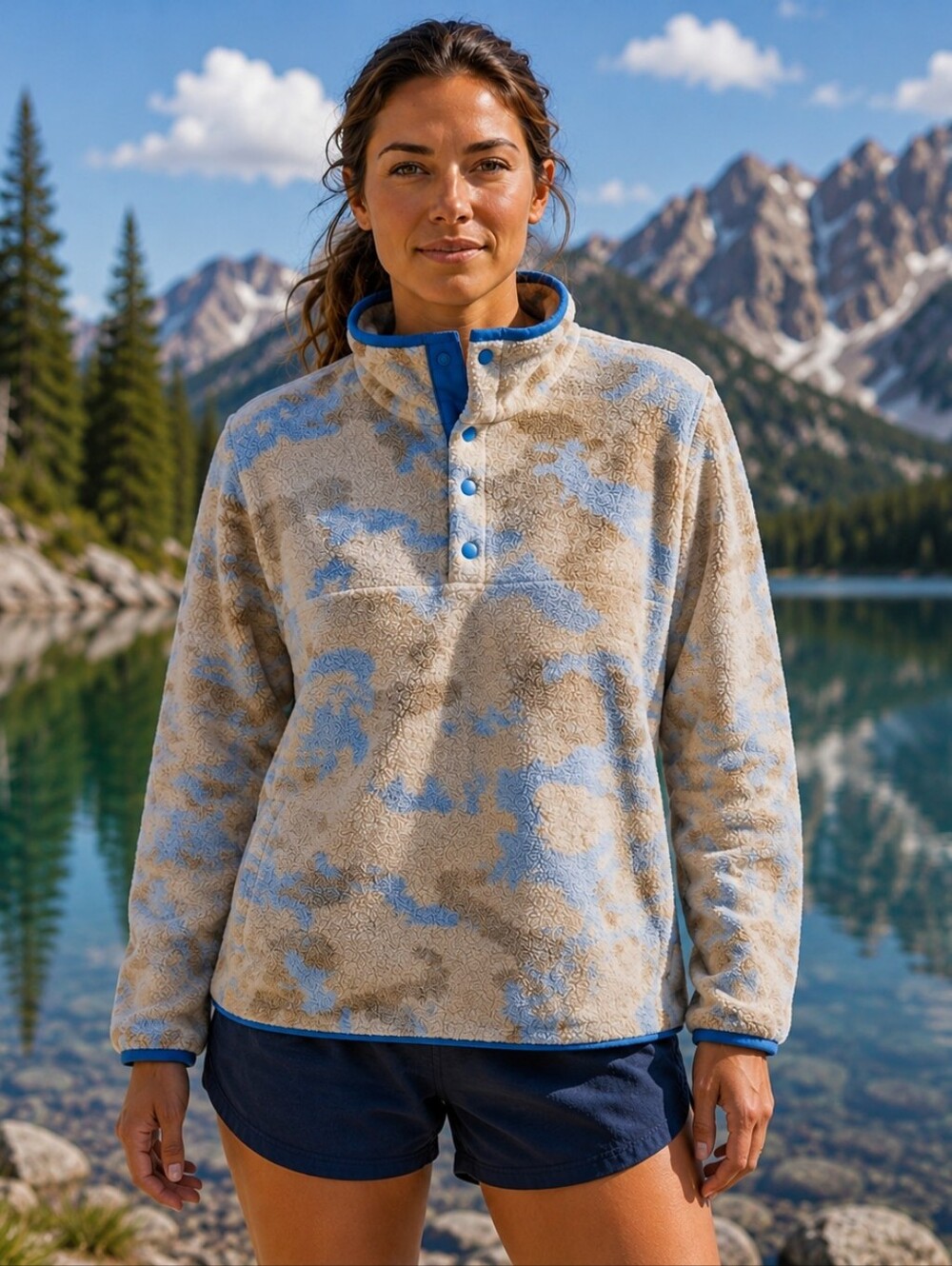 Patagonia Womens Small Synchilla Snap-T Fleece Pullover Blue Camo Outdoor Hiking